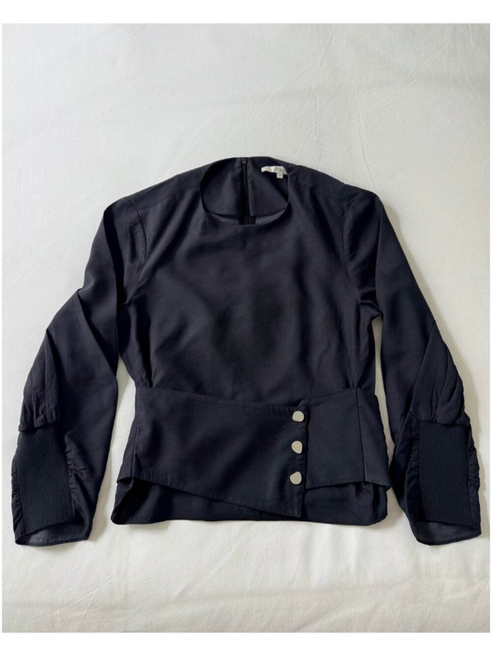 Tibi Corset Waist Cumberbund 3/4 Sleeve Shirt | Sz 4 | Navy Blue | Silver Button